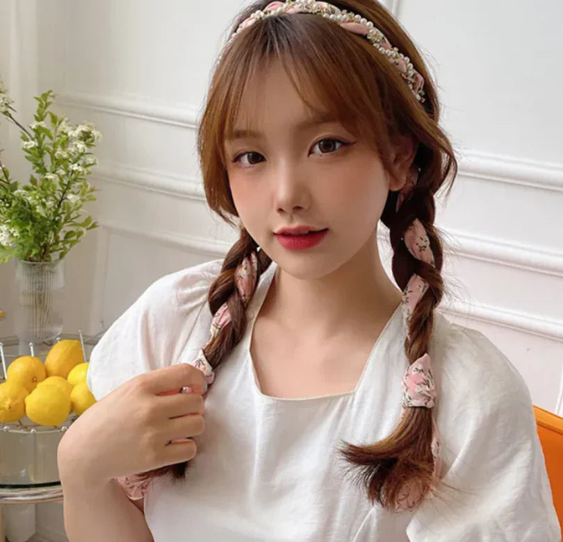 Elegant Floral Ribbon Bowknot With Pearl Hair Band