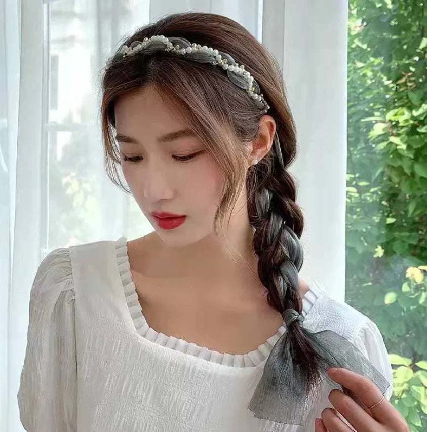 Elegant Floral Ribbon Bowknot With Pearl Hair Band