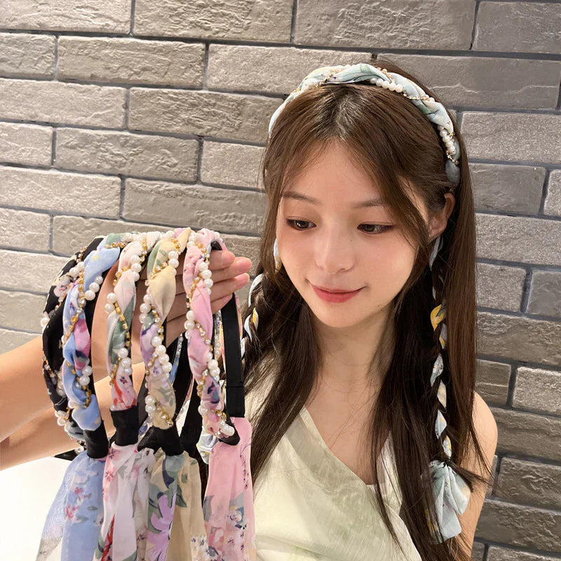 Elegant Floral Ribbon Bowknot With Pearl Hair Band